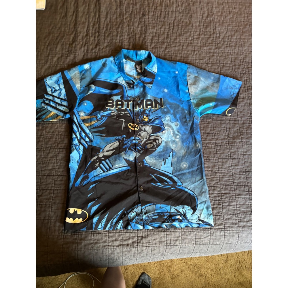 Vintage Batman Comic Button Up Shirt Kids Size 12/14 Blue Graphic Print